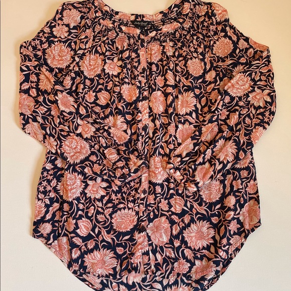 Lucky Brand Long Sleeve Peasant Navy Peach Floral - Picture 1 of 6